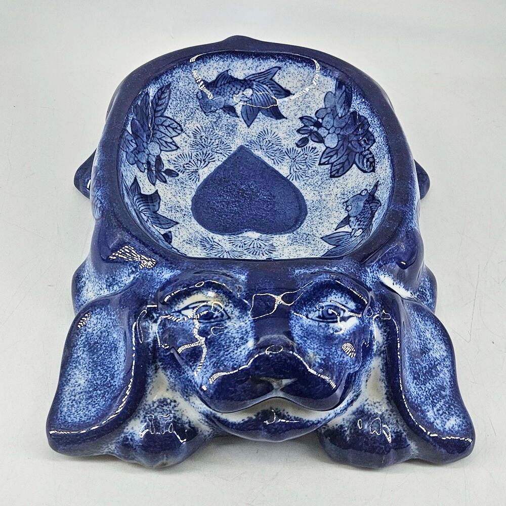 Vintage Chinese Blue White Stoneware Porcelain Foo Dog koi fish Bowl dish WCL